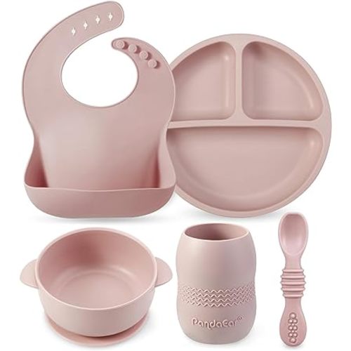 PandaEar Silicone Baby Feeding Set| Baby LED Weaning Supplies| Baby Eating Supplies Infant Toddler Feeding Set| Silicone Baby Bib + Baby Plate and Bowl Set with Suction+ Baby Cup + Spoon First Stage
