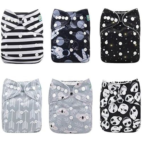 ALVABABY Baby Cloth Diapers 6 Pack with 12 Inserts One Size Adjustable Washable Reusable for Baby Girls and Boys (6DM80)