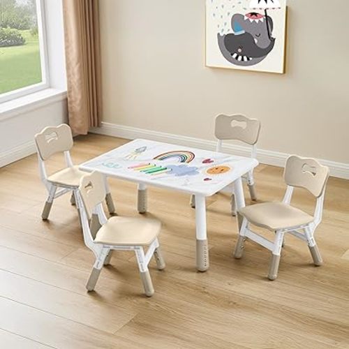 Adjustable Kids Table and 4 Chair Set, Height Adjustable Multi-Activity Play Desk, Marble Graffiti Design, Preschool Montessori Art & Craft Furniture for Children, Home, Daycare, Kindergarten