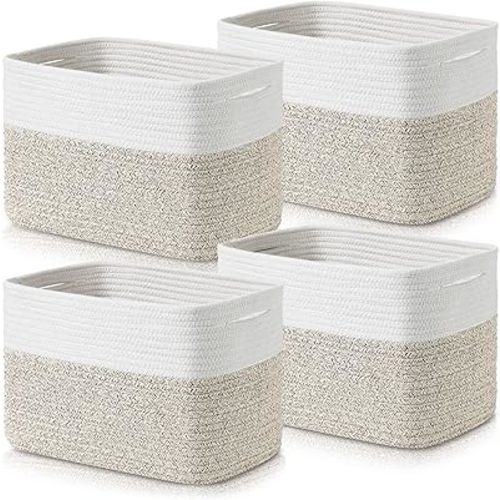 Baskets for Organizing - Cotton Rope Baskets for Shelves, 12” Decorative Woven Baskets for Storage, Organizer Bins for Living Room, Laundry, Bedroom, 4 Pack, White/Brown