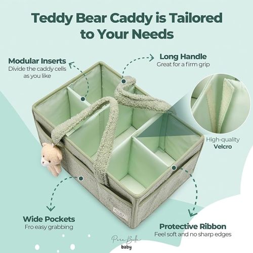 PeraBella Baby Diaper Caddy Organizer for Changing Table, Baby Storage Basket for Diapers and Baby Wipes, Gift for Baby Shower, Car Caddy Organizer, Nursery Diaper Organizer, Portable Diaper Storage - Extra Large - Lily Green