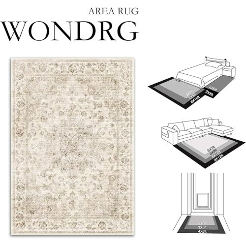 5x7 Washable Neutral Area Rug Beige Floral Living Room Bedroom Carpet Non-Slip Low Pile Vintage Soft Thin Throw Rug for Dining Room Entryway Dorm Office Kitchen Bathroom