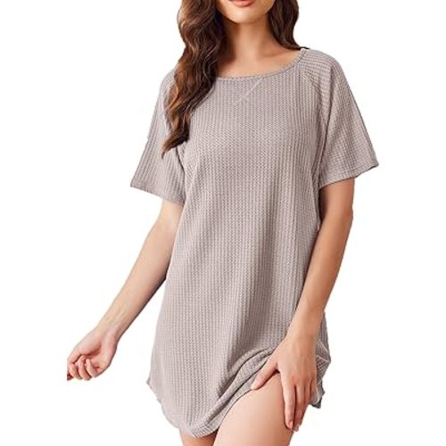 Ekouaer Women's T-Shirt Nightgown Waffle Knit Short Sleeve Sleepshirts Comfy Casual Cover Ups