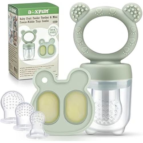 Baby Fruit Food Feeder Pacifier & Mini Freezer Nibble Tray Combo, Breastmilk Popsicle Molds for Cooling Relief, BPA Free Silicone Feeder to Safely Introduce New Foods, Double as Teething Toys