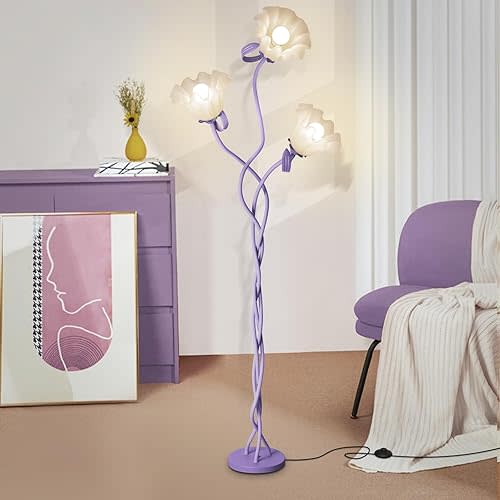 Flower Standing Lamp for Bedroom, Cute Corner Floor Lamp with Flexible Gooseneck, 3 Light Floor Reading Lamp with 3 Color Temperatures, Bulbs Included, Tall Floor Lamp for Living Room Corner(Purple)