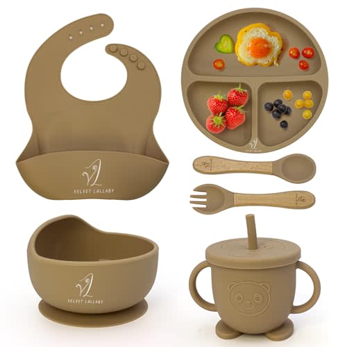 Velvet Lullaby Baby Feeding Set - Silicone Bib, Suction Plate, Bowl, Fork, and Spoon - BPA-Free and Dishwasher Safe (Mocha Brown)