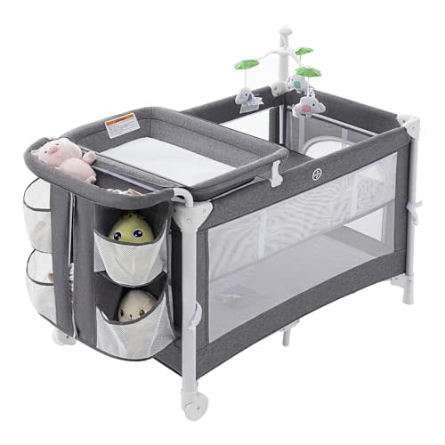 HoneiBabe Baby Crib Baby Playpen - 3 in 1 Baby Bassinet,Bedside Bassinet for Baby, Bassinet Bedside Sleeper with Changing Table & Diaper Caddy Organizer, Playpen for Babies and Toddlers with Toys