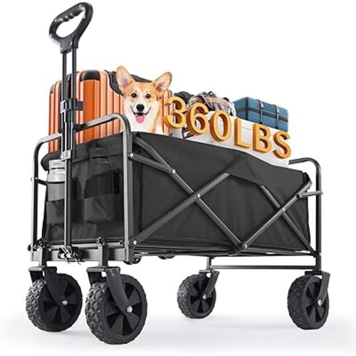 Sweetcrispy Collapsible Foldable Wagon Cart, Large Capacity Garden Beach Cart with All-Terrain Wheels, Heavy Duty Utility Grocery Wagon with Drink Holders for Shopping Sports Camping, Large Black