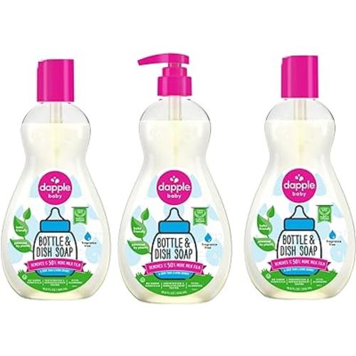 Dapple Baby, Bottle and Dish Soap Dish Liquid Plant Based Hypoallergenic 1 Pump Included, Packaging May Vary, Fragrance Free, 16.9 Fl Oz (Pack of 3)