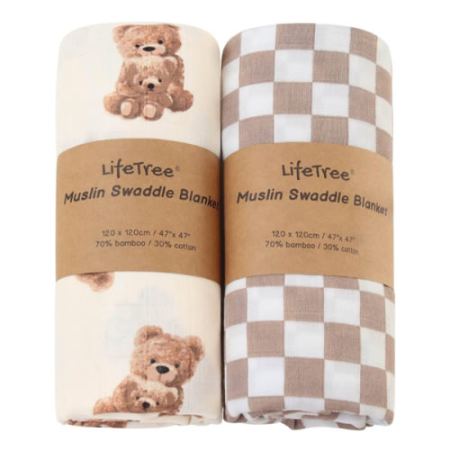 LifeTree Muslin Swaddle Blankets, Baby Swaddling Wrap Nursery Blanket Unisex, Soft 70% Viscose from Bamboo and 30% Cotton, Large 47 x 47 inches, Bear & Checkered Swaddle Blanket
