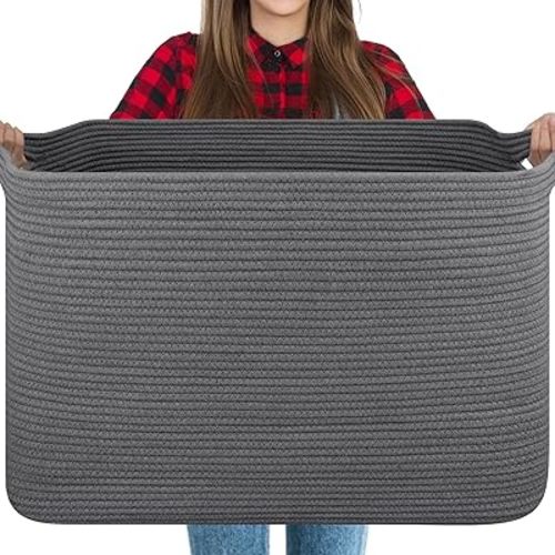 118L Extra Large Blanket Basket, 24.8"x17.7"x16.2" Woven Rope Baskets for Storage, Nursery Blanket Storage for Living Room, Toy Basket with Handle Organizing Comforter Cushions Pillows, Grey