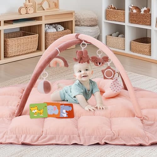 5-in-1 Plush Baby Play Gym, Convertible Baby Gym with Pillow, Tummy time mat, 6 Sensory Toys, Baby Activity Center from Newborn to Toddler, Pet Bed, Cat & Dog Bed, Ball Pit, Dark Pink
