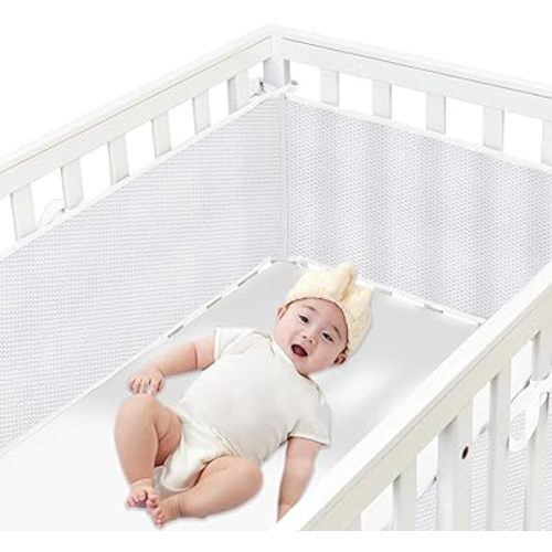 2 in 1 Ventilated Mesh Liner for Full-Size Cribs, Long Mesh (Size Covers 3 or 4 Sides) (Star Rainbow) (white-01)