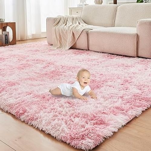 OPPODREAM Area Rug for Living Room, Ultra Soft Nursery Rugs for Bedrooms, 4x6 Fluffy Kids Carpet with 0.6" Thick Non-Slip Backing, Long Pile Shag Carpet, Fuzzy, Shaggy, Tie-dye Pink