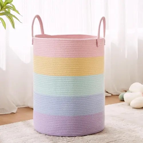 Rainbow Laundry Basket Hamper, 15Dx20H inches Large Rainbow Hamper for Nursery Girl, Tall Blanket Basket for Living Room, Baby Kids Toy Basket Organizer, Pastel