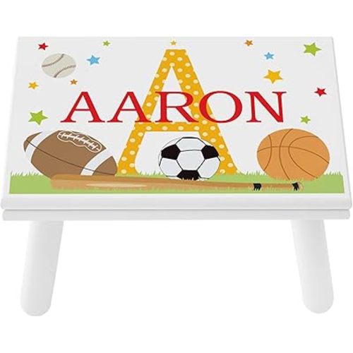 Let’s Make Memories Personalized My Own Name Step Stool - Children’s Step Stool - Sturdy Wood – Non-Toxic Paint, Sealer - Sports Design - White - 14’Wx9.25”Lx8.75”H - Ages 3+