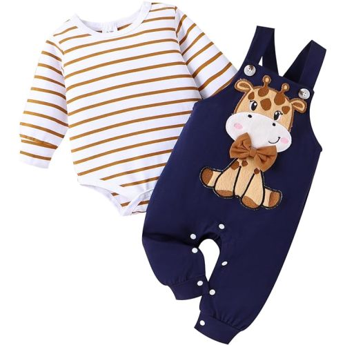 Baby Boy Clothes Newborn Outfits Fall Winter Striped Romper Infant Cartoon Overall Adjustable Suspender Pants Set