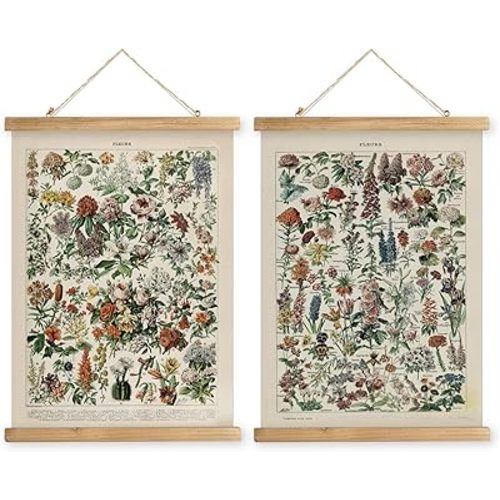 2 Pack Vintage Poster Hanger Frame, Retro Style Wall Decor Art Painting, Patterns are Printed on Linen Without Fading, Living Room Office Classroom Bedroom Playroom Apartment Decor. (Flower)