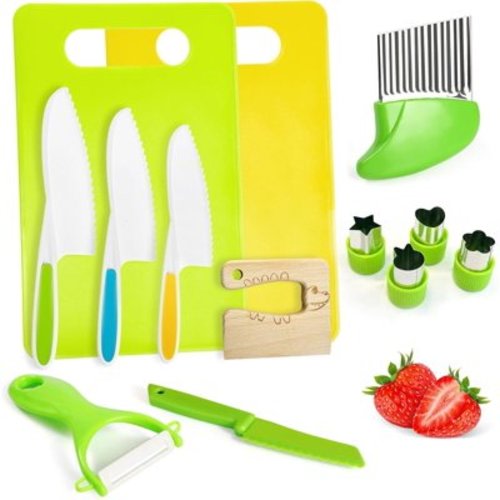13 Pcs Montessori Kitchen Tools for Toddlers Kids Cooking Sets Safe Knife Set for Real Cooking Include Toddler Knives Cutting Boards Sandwich Cutters Peeler for Birthday