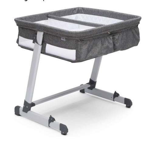 Simmons Kids By The Bed City Sleeper Bassinet for Twins - Adjustable Height Portable Crib with Wheels & Airflow Mesh, Grey Tweed