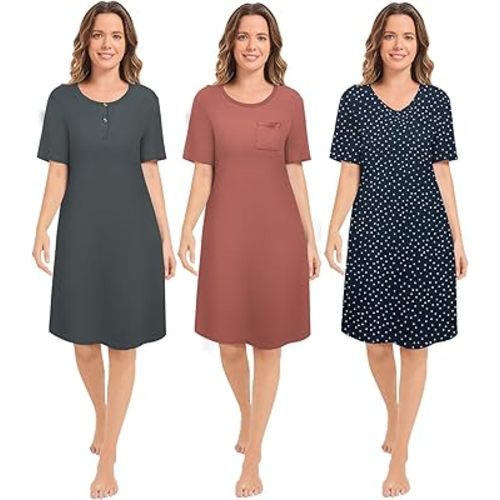 3 Pack Nightgowns for Women Short Sleeve Night Gown Soft Sleep Shirts Women's Sleepwear Print Sleep Dress