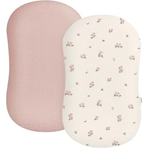 Muslin Baby Lounger Cover 2 Pack, Soft Breathable Newborn Lounger Pillow Cover for Boys Girls Infant (Flower G & Pink)