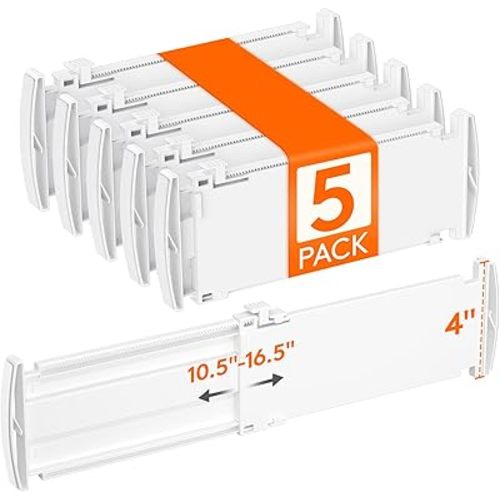 Lifewit 4" Tall 5 Pack Drawer Dividers, 27-42cm/10.5-16.5" Expandable Drawer Divider for Clothes, Adjustable Dresser Drawer Organizers, Drawers Separators for Dresser/Bathroom/Closet/Kitchen White