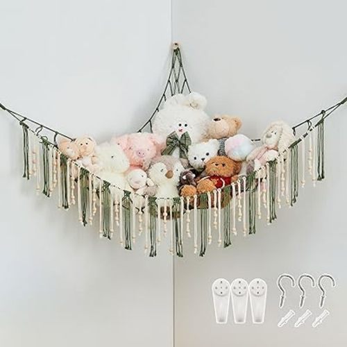 Pretty Jolly Stuffed Animal Storage Hammock with Wooden Beads Corner Hanging Net Boho Tassel for Toy Plush Holder for Kid Room Nursery Decor Wall Display Organizer for Girls Boy Gift(Avocado Green)
