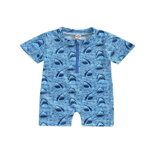 Summer Newborn Baby Boy One-Piece Swimsuit Cute Shark Print Short Sleeve Zip Up Rashguard Beach Bathing Suit