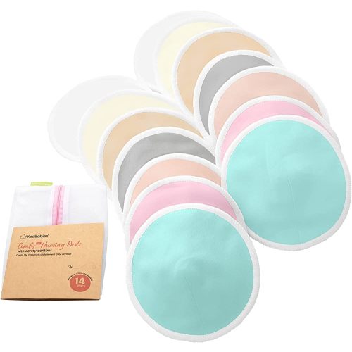 Organic Bamboo 3-Layers Nursing Breast Pads - 14 Washable Pads + Wash Bag - Breastfeeding Nipple Pad for Maternity - Reusable Nipplecovers for Breast Feeding (Pastel Touch Lite, L 4.8")