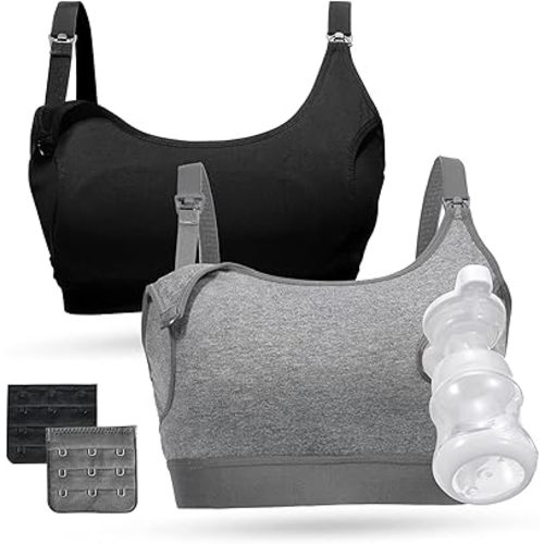 Momcozy Pumping Bra Hands Free, Pumping and Nursing Bra in One Holding Breast Pump for Spectra, Lansinoh, Medela, Black,grey-2pk, Medium