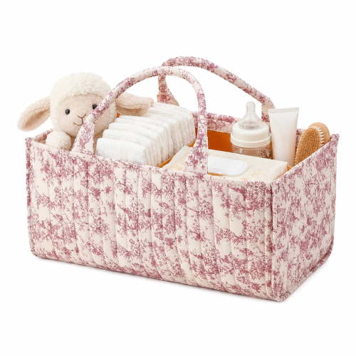 Baby Diaper Caddy Organizer, with Removable Divider Portable Stylish Nursery Storage Basket, Newborn Essentials, Newborn Caddie Car Travel,Pink