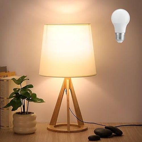 VoMii 18 Inch Large Wood Tripod Table Lamp, Cute Bedside Lamp with Fabric Shade, Nightstand Lamp, Minimalist Desk Lamp for Nursery Bedroom Living Room Kids Room Reading Room Office(LED Bulb Included)