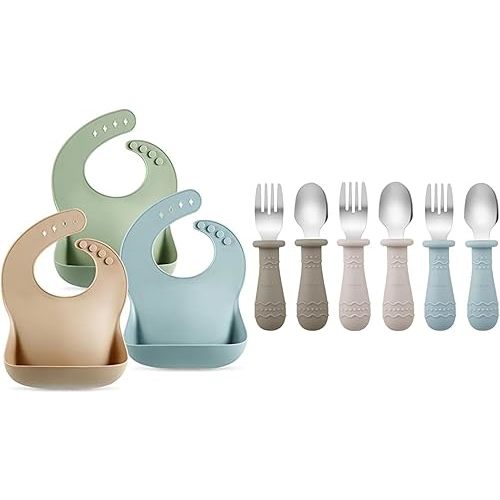 PandaEar Baby Bibs & Toddler Utensils (Light Tan/Walnut/Blue)