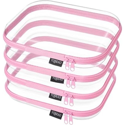 YQBRAO 4-Pack Clear Diaper Bag Organizer Pouches, 1.2mm Ultra-Thick PET Travel Pouches for Toiletries & Makeup, Rigid Self-Standing Bags with YKK Zippers, TSA Approved (Pink)