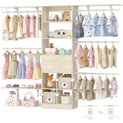 Homieasy Closet System - 4.75-8FT Closet Organizer System with Wooden Drawers & Cube Storage Organizer, 96" Closet Systems with Cuttable Hanging Shelvings for Nursery, White Oak