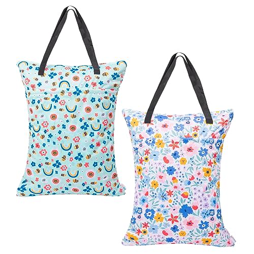 ALVABABY 2 Pack Large Wet Dry Bag Waterproof Hanging Cloth Diaper with Double Zippered Pockets 25x18 inches (Rainbow and flowers)
