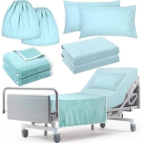 8 Pcs Hospital Bed Sheets Set, Soft Knitted Standard Sheets Quality, Include Fitted Sheet, Quilt Cover, Pillow Case and Blanket (Blue Green)