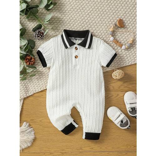 SHEIN Baby Boys' Athletic College Gentlemen Style Color Block Romper With Polo Collar Short Sleeve And Half Placket For Spring/Summer