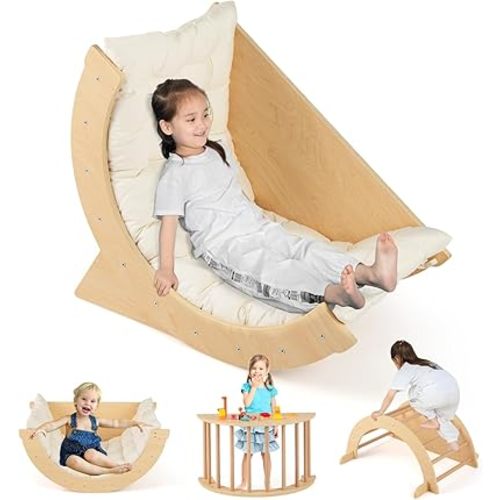 Costzon Kids Wooden Arch Rocker with Cushion, 6-in-1 Montessori Climbing Toys for Toddlers, Children Indoor Sensory Table Climbing Gym Learning Playset, Arch Climber Ladder for Kids Gift Presents