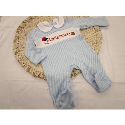 Monogrammed Baby Boy Romper: Blue Stripe Knit Footie, Baseball Design