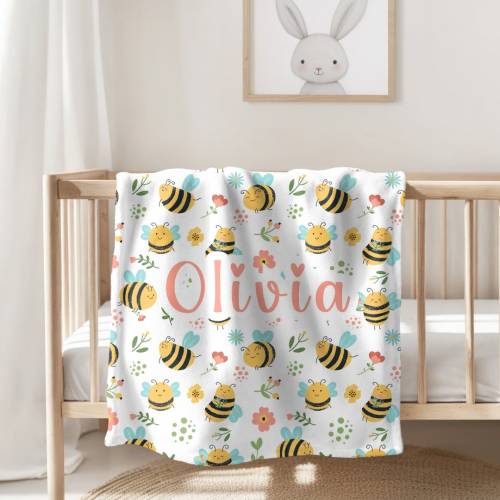 Bumblebee Blanket for Baby Girl with Name, Personalized Custom Baby Blanket, Cute Sherpa/Minky Blanket Gift, Bumblebee Nursery