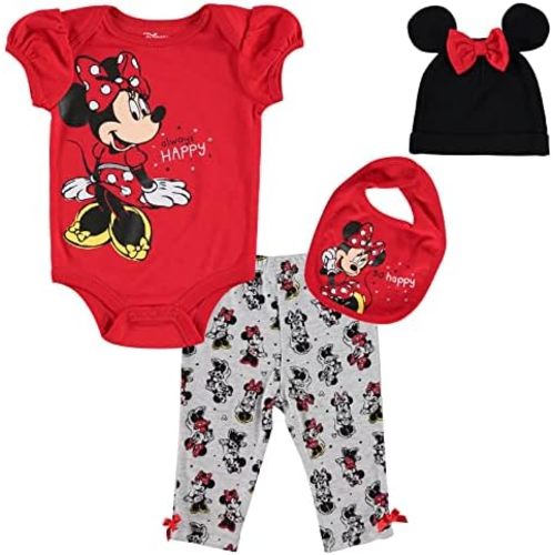 Disney Minnie Mouse Baby Girls Bodysuit Pants Bib and Hat 4 Piece Outfit Set Newborn to Infant