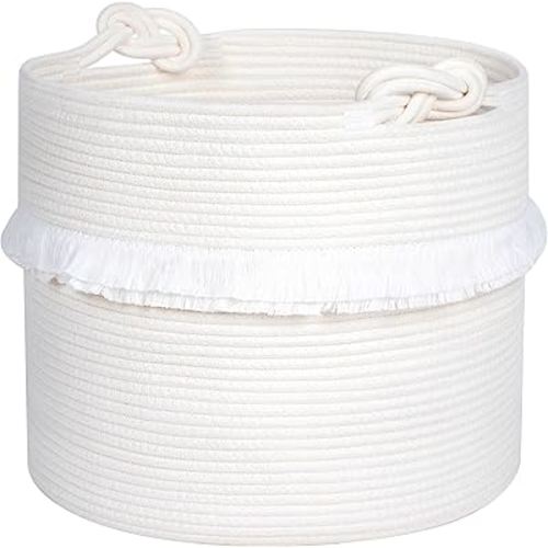 MINTWOOD Design 15 x 14.2 Inches Woven Cotton Rope Storage Basket, Stuffed Toy Basket Bin, Laundry Basket Hamper, Nursery Basket, Dog Toy Basket, Blanket Basket, Gift Basket, Creamy White
