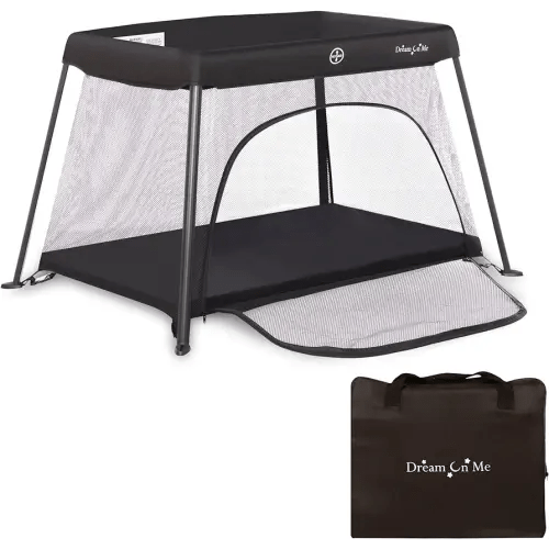 Dream On Me Travel Light Baby Playard with Zipper Access Door, Breathable Mesh Sides with Soft Comfortable Mattress, Easy Fold Design with Travel Carry Bag, Compact Space Saving Design - Black