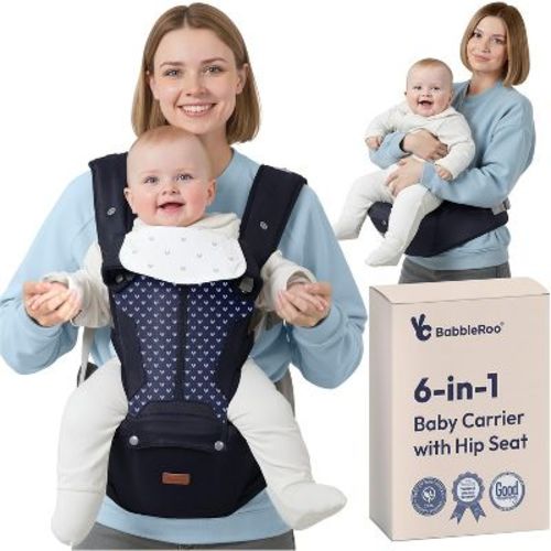 BabbleRoo Baby Carrier for Newborn to Toddler with Hip Seat and Lumbar Support, Ergonomic & Adjustable with Sunshade 6 in 1, Navy Hearts