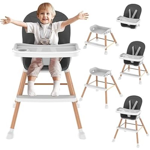 Baby High Chair, 6 and 1 Wooden High Chair, High Chairs for Babies & Toddlers with Adjustable Legs, Baby Eating Chair with Removable Tray, 5-Point Safety Harness & Waterproof PU Cushion (Grey)
