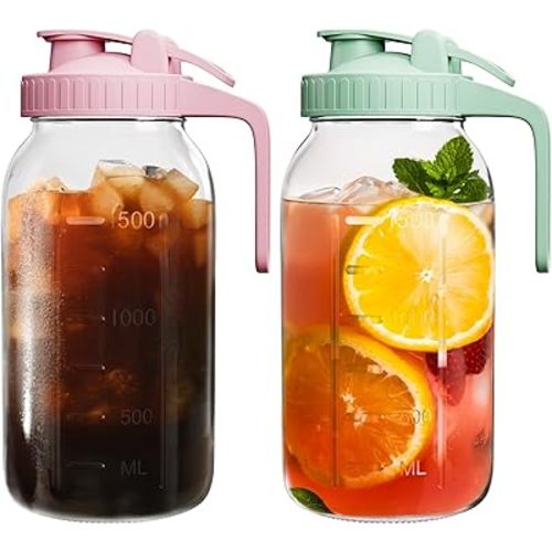 | 2 Pack | 64oz Glass Pitcher with Lid and Spout, 2 Quart (1.9 Liter) Mason Jar Pitcher Wide Mouth, Airtight Water Jug for Juice, Sun Tea, Iced Coffee, Milk Storage, Pink & Green