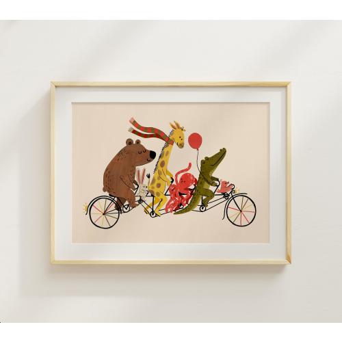 Animal Bike Parade - Fun & Colorful Illustration, Nursery Print, Playroom Decor for Kids, Montessori Animals Print, Children's Bedroom Print