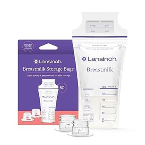 Lansinoh Breastmilk Storage Bags, 50 Count with 2 Pump Adapters, Baby Essentials, Fast Freeze & Thaw Breast Milk Bags for Baby Bottle Feeding, Superior Strength & Stretch, 6 Ounce